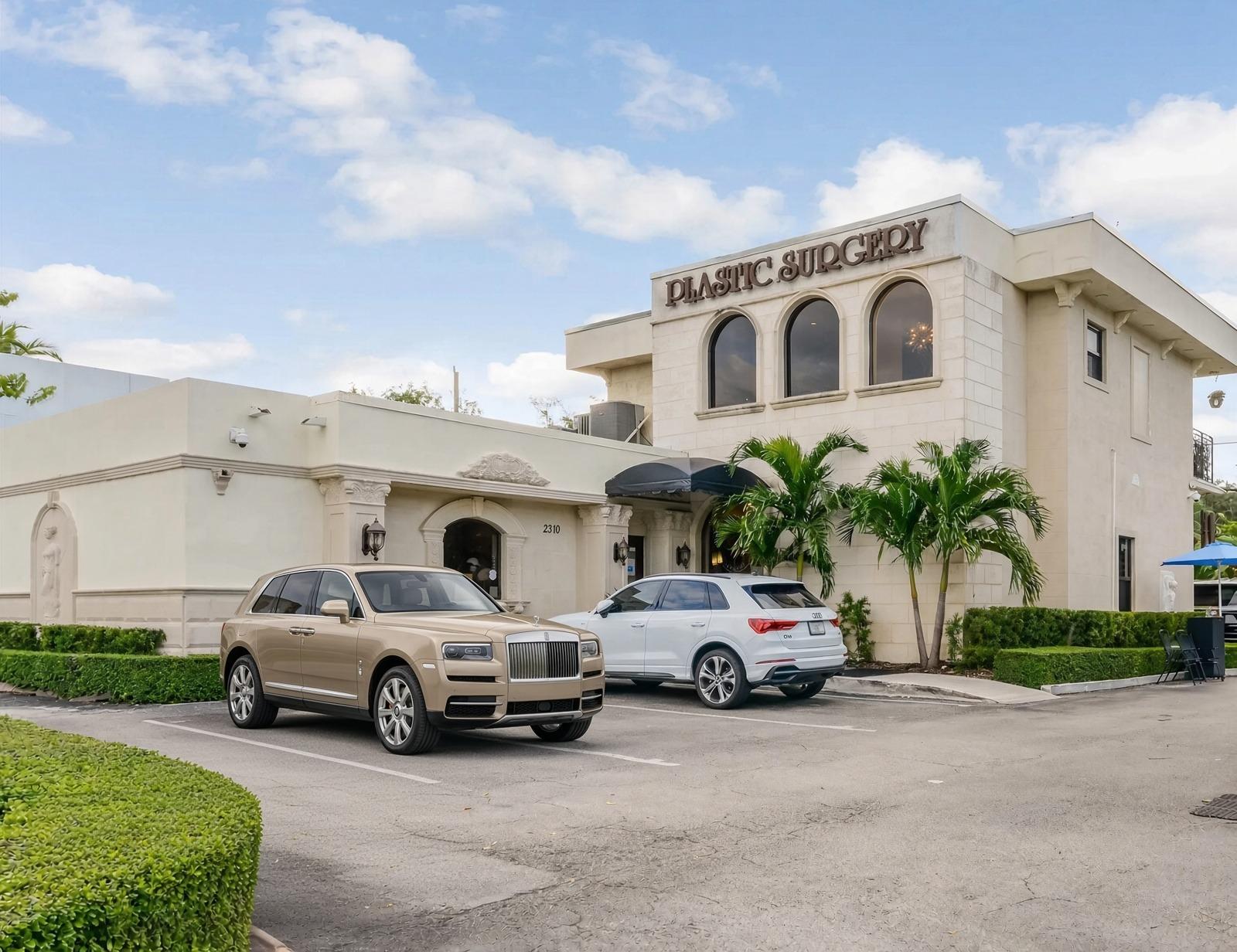 4Beauty Med Spa Miami — clinic exterior at 2310 S Dixie Hwy with champagne Rolls-Royce and Audi